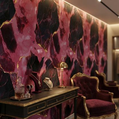 Pembe Siyah Mermer Desenli Duvar Kağıdı Altın Damarlı Salon