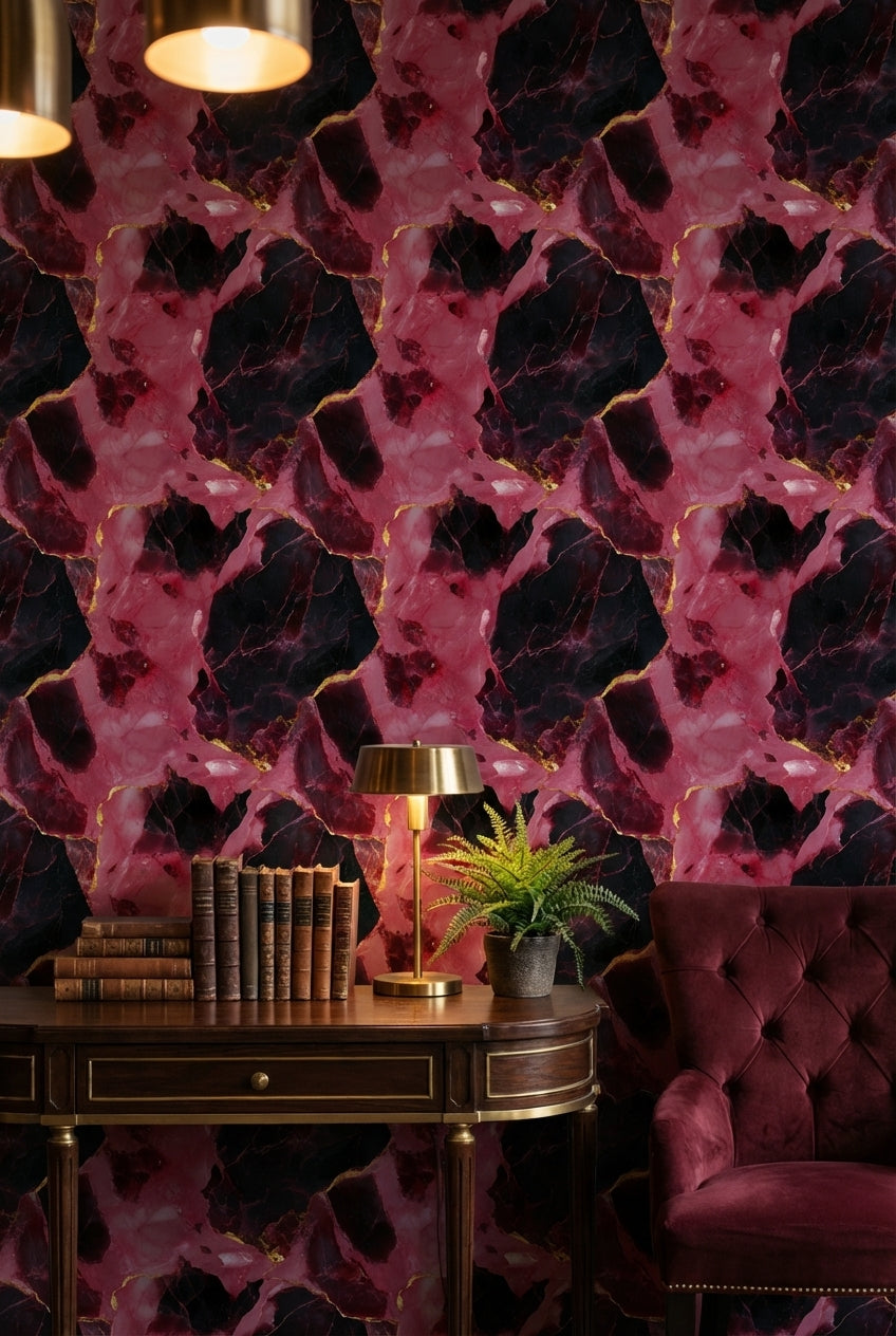 Pembe Siyah Mermer Desenli Duvar Kağıdı Altın Damarlı Salon