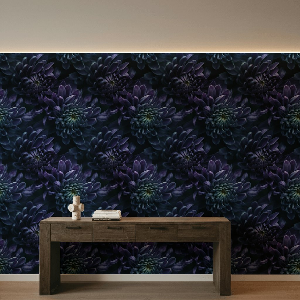 Koyu Mor Çiçek Desenli Duvar Kağıdı Modern Salon Dekoru