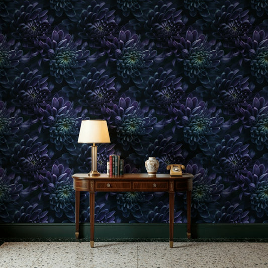Koyu Mor Çiçek Desenli Duvar Kağıdı Modern Salon Dekoru