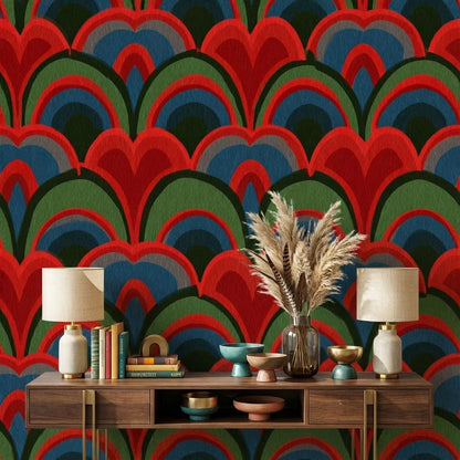 Art Deco Geometrik Duvar Kağıdı Kırmızı Yeşil Desen Salon