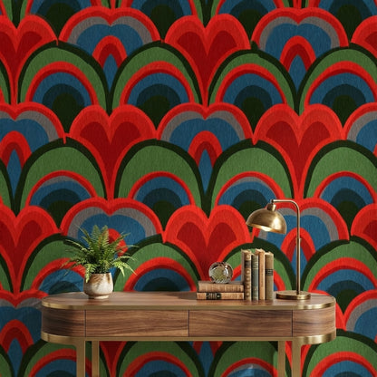 Art Deco Geometrik Duvar Kağıdı Kırmızı Yeşil Desen Salon