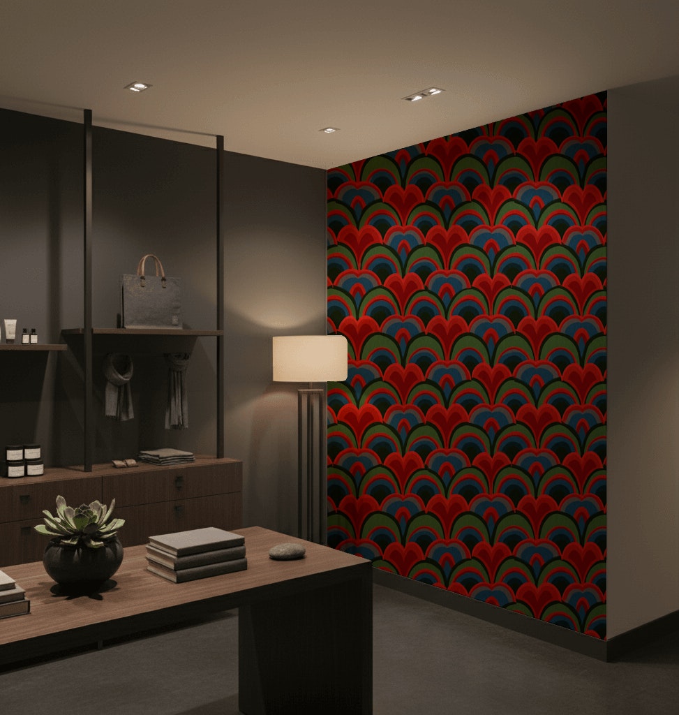 Art Deco Geometrik Duvar Kağıdı Kırmızı Yeşil Desen Salon