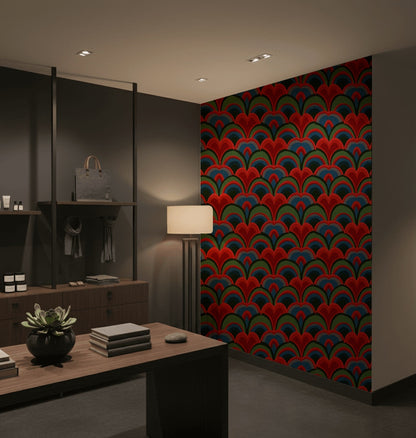 Art Deco Geometrik Duvar Kağıdı Kırmızı Yeşil Desen Salon