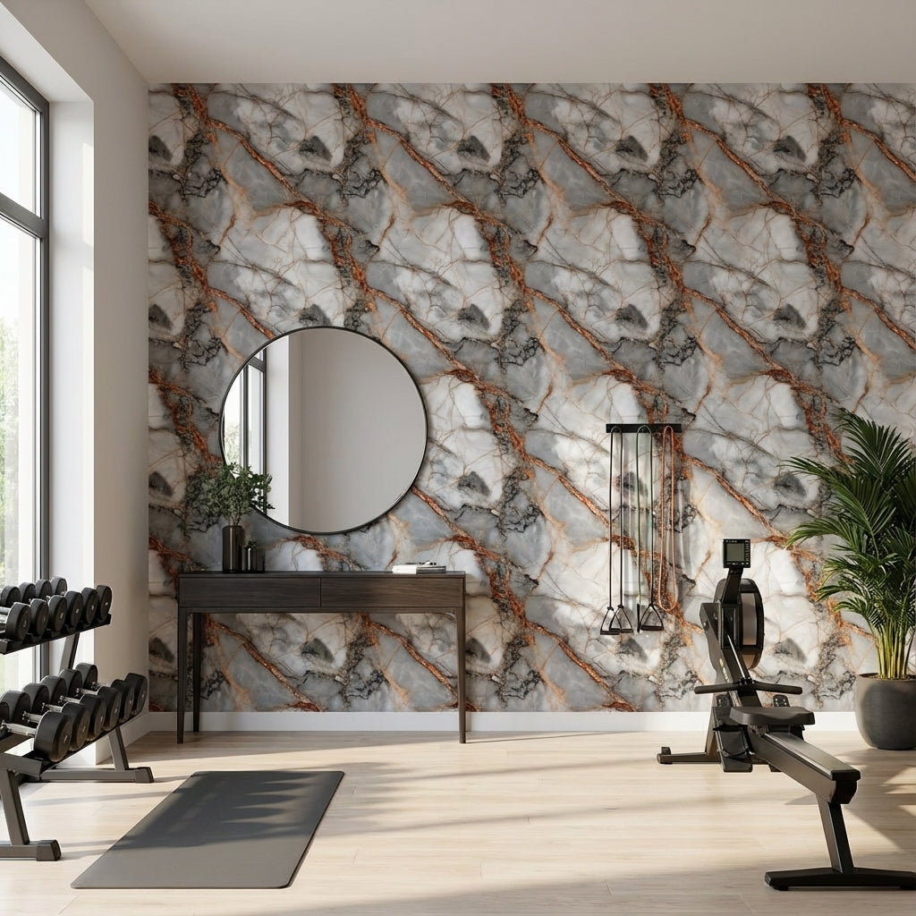 Mermer Desenli Duvar Kağıdı Gri Beyaz Damar Detaylı Salon