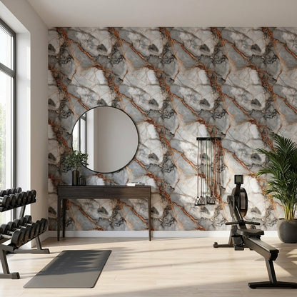 Mermer Desenli Duvar Kağıdı Gri Beyaz Damar Detaylı Salon