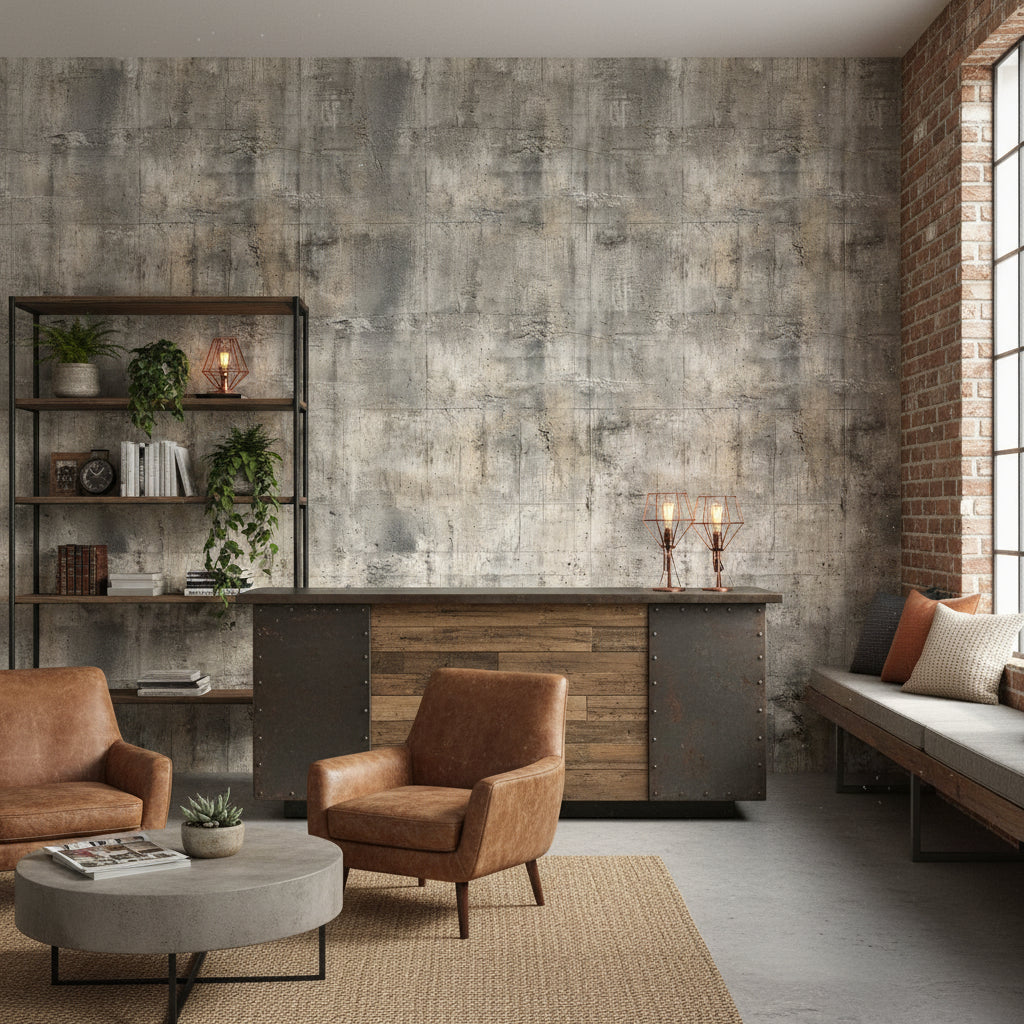 Beton Desenli Duvar Kağıdı Gri Endüstriyel Modern Salon