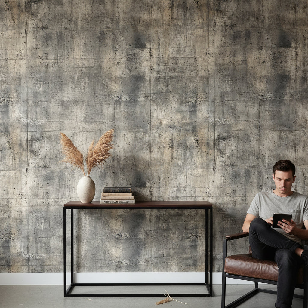 Beton Desenli Duvar Kağıdı Gri Endüstriyel Modern Salon