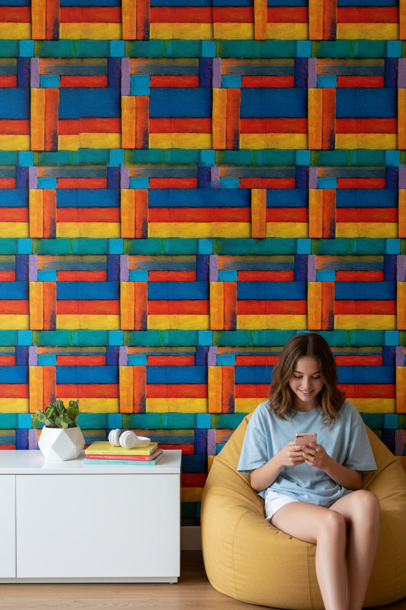Renkli Geometrik Blok Desenli Duvar Kağıdı Modern Salon