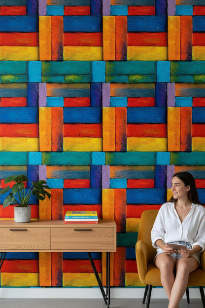Renkli Geometrik Blok Desenli Duvar Kağıdı Modern Salon