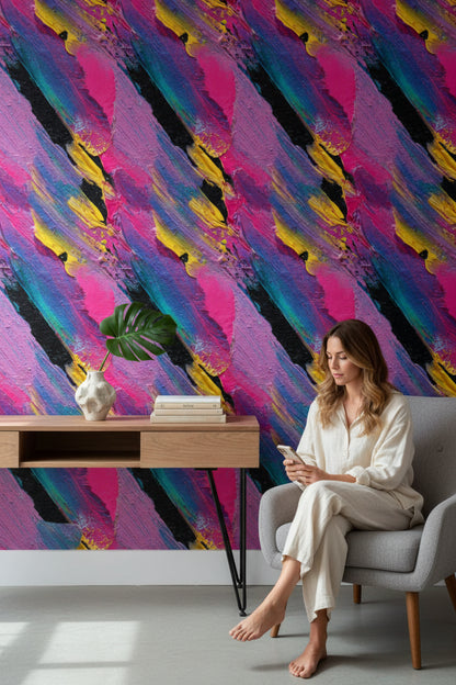 Renkli Soyut Fırça Desenli Duvar Kağıdı Modern Salon