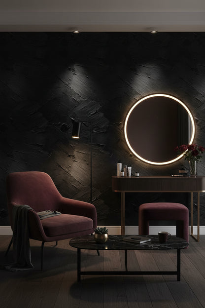 Siyah Desenli Sıva Efektli Duvar Kağıdı Modern Salon