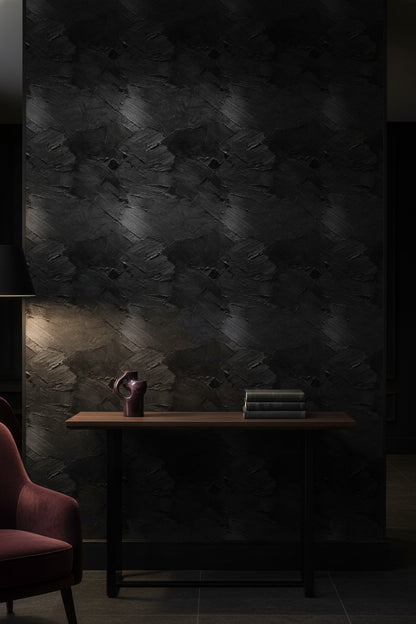 Siyah Desenli Sıva Efektli Duvar Kağıdı Modern Salon