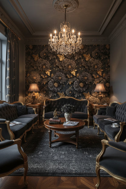 Siyah Altın Çiçekli Duvar Kağıdı Klasik Salon Deseni