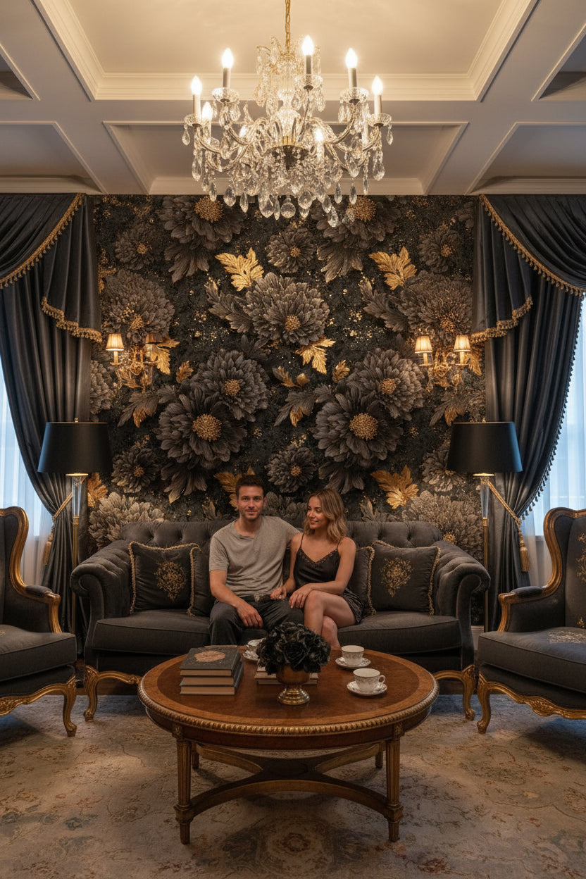 Siyah Altın Çiçekli Duvar Kağıdı Klasik Salon Deseni