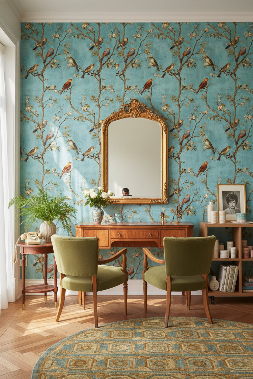 Çiçek Dallı Kuş Desenli Duvar Kağıdı Mavi Vintage Salon