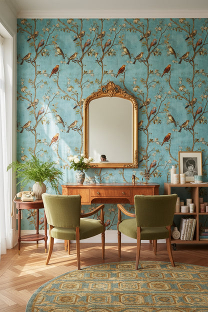 Çiçek Dallı Kuş Desenli Duvar Kağıdı Mavi Vintage Salon
