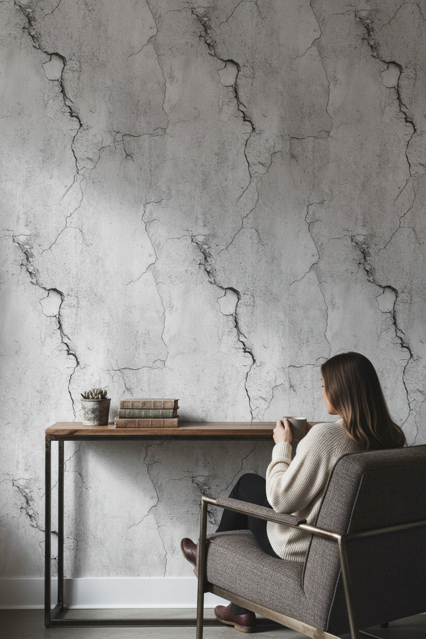 Beton Desenli Duvar Kağıdı Açık Gri Endüstriyel Salon