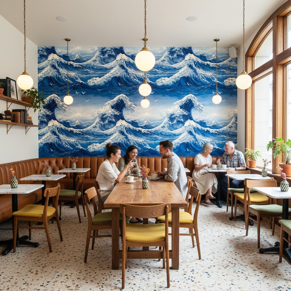 Japon Dalgası Desenli Duvar Kağıdı Mavi Okyanus Teması