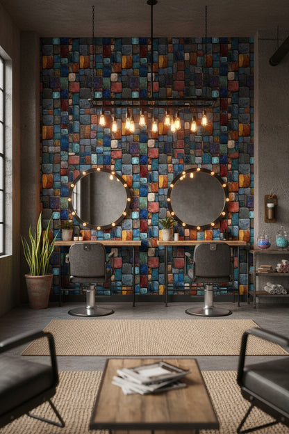 Renkli Taş Duvar Desenli Duvar Kağıdı Modern Salon