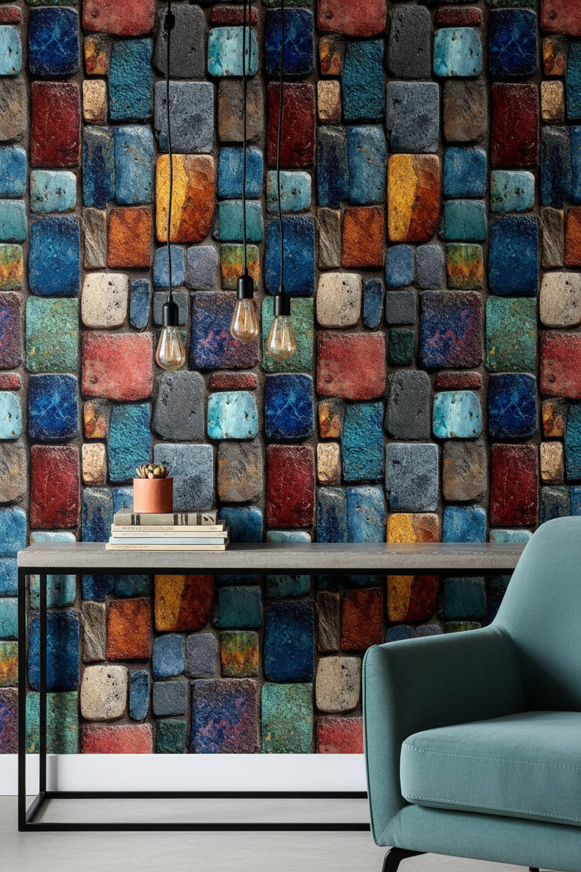 Renkli Taş Duvar Desenli Duvar Kağıdı Modern Salon