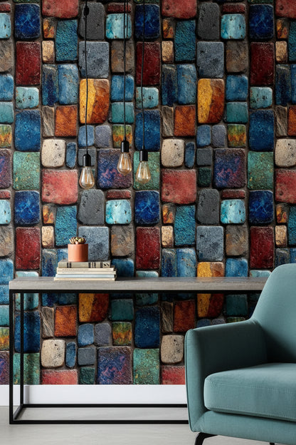 Renkli Taş Duvar Desenli Duvar Kağıdı Modern Salon