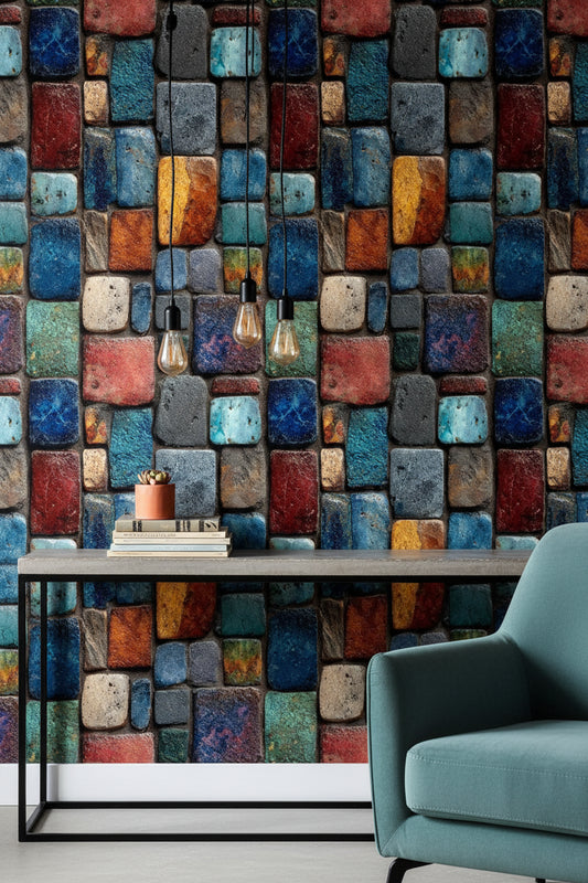 Renkli Taş Duvar Desenli Duvar Kağıdı Modern Salon
