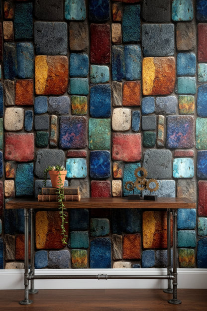 Renkli Taş Duvar Desenli Duvar Kağıdı Modern Salon