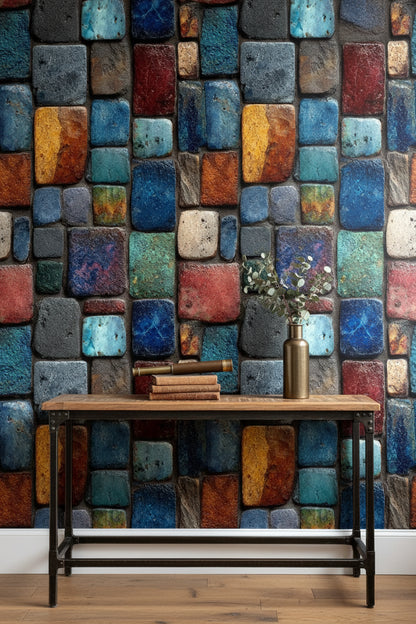Renkli Taş Duvar Desenli Duvar Kağıdı Modern Salon