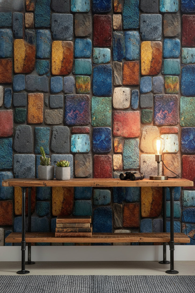 Renkli Taş Duvar Desenli Duvar Kağıdı Modern Salon