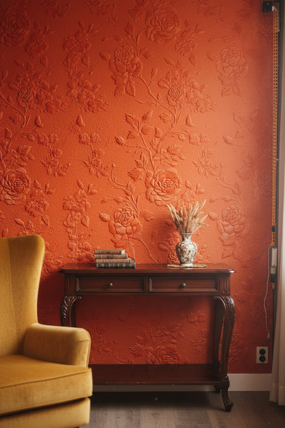 Kabartmalı Gül Desenli Duvar Kağıdı Terracotta Salon Dekoru