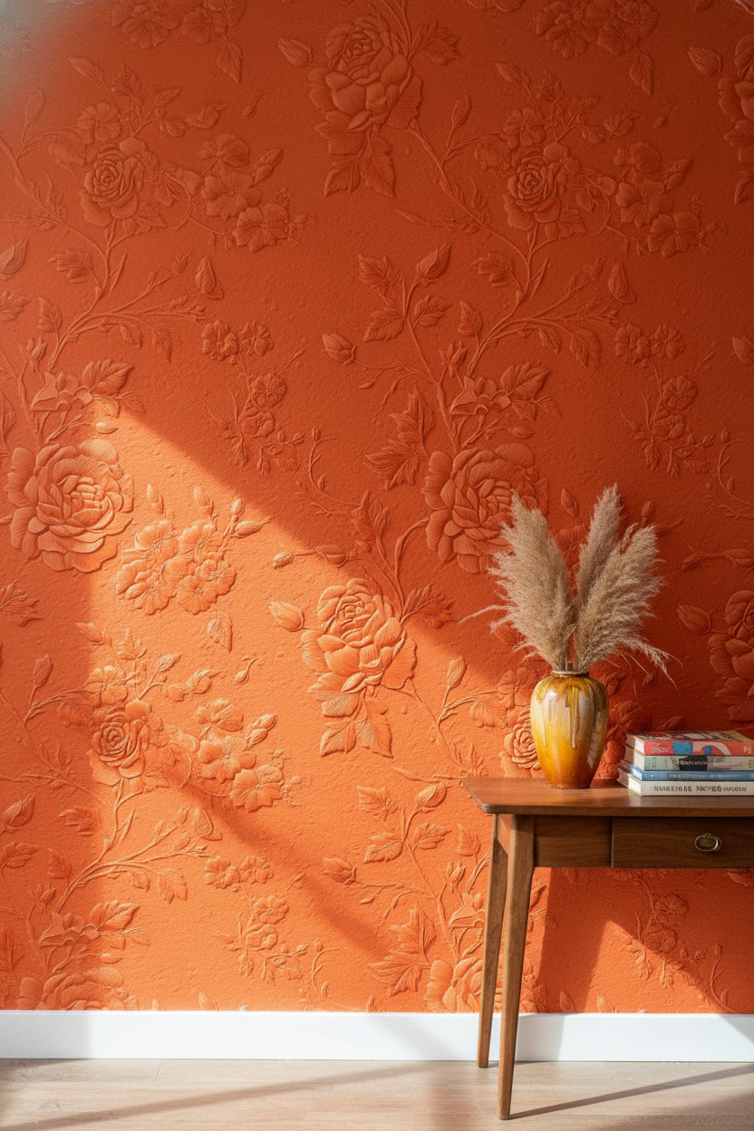 Kabartmalı Gül Desenli Duvar Kağıdı Terracotta Salon Dekoru