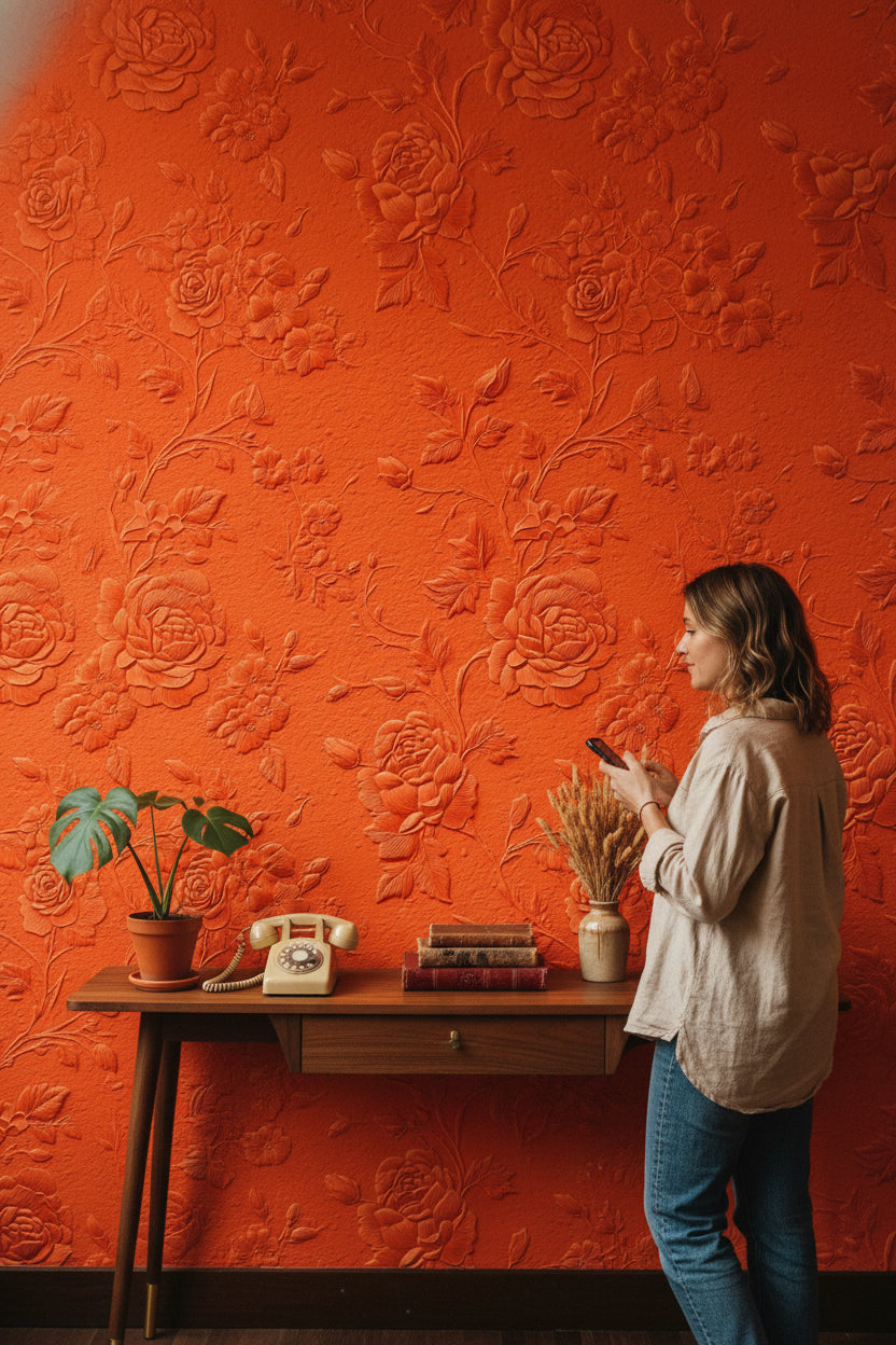 Kabartmalı Gül Desenli Duvar Kağıdı Terracotta Salon Dekoru
