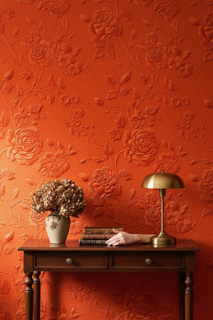 Kabartmalı Gül Desenli Duvar Kağıdı Terracotta Salon Dekoru