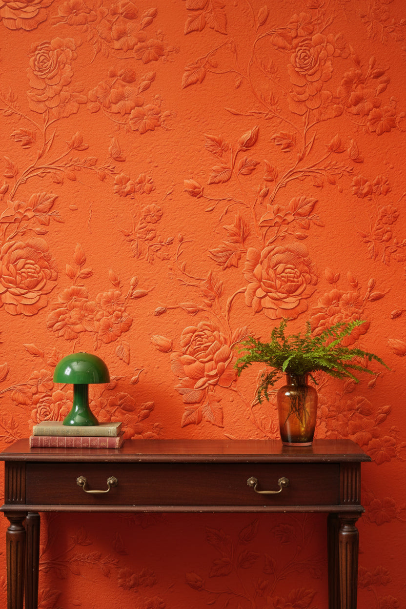 Kabartmalı Gül Desenli Duvar Kağıdı Terracotta Salon Dekoru