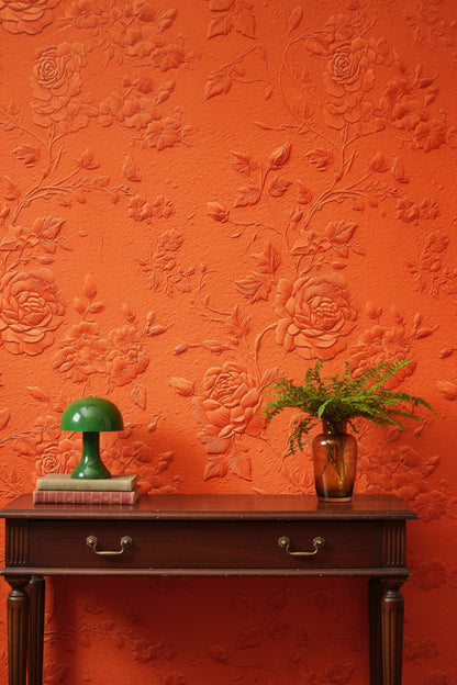 Kabartmalı Gül Desenli Duvar Kağıdı Terracotta Salon Dekoru