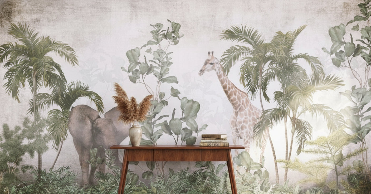 Tropikal Safari Poster Duvar Kağıdı Fil Zürafa Palmiye Desenli