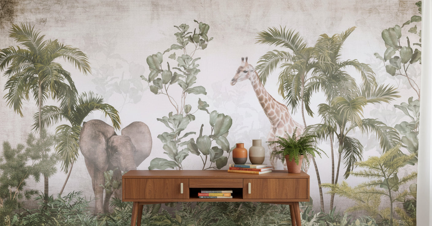 Tropikal Safari Poster Duvar Kağıdı Fil Zürafa Palmiye Desenli