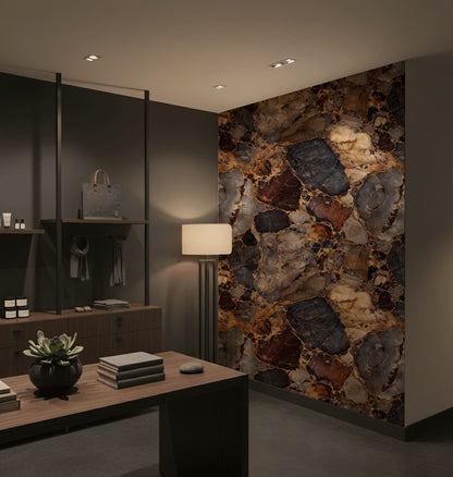 Siyah Kahverengi Mermer Desenli Duvar Kağıdı Modern Salon