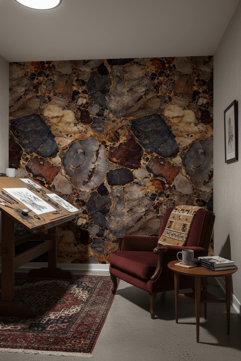 Siyah Kahverengi Mermer Desenli Duvar Kağıdı Modern Salon
