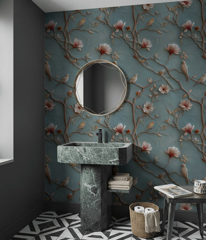 Çiçekli Kuşlu Duvar Kağıdı Turkuaz Vintage Salon