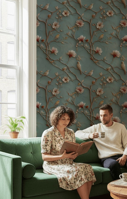 Çiçekli Kuşlu Duvar Kağıdı Turkuaz Vintage Salon