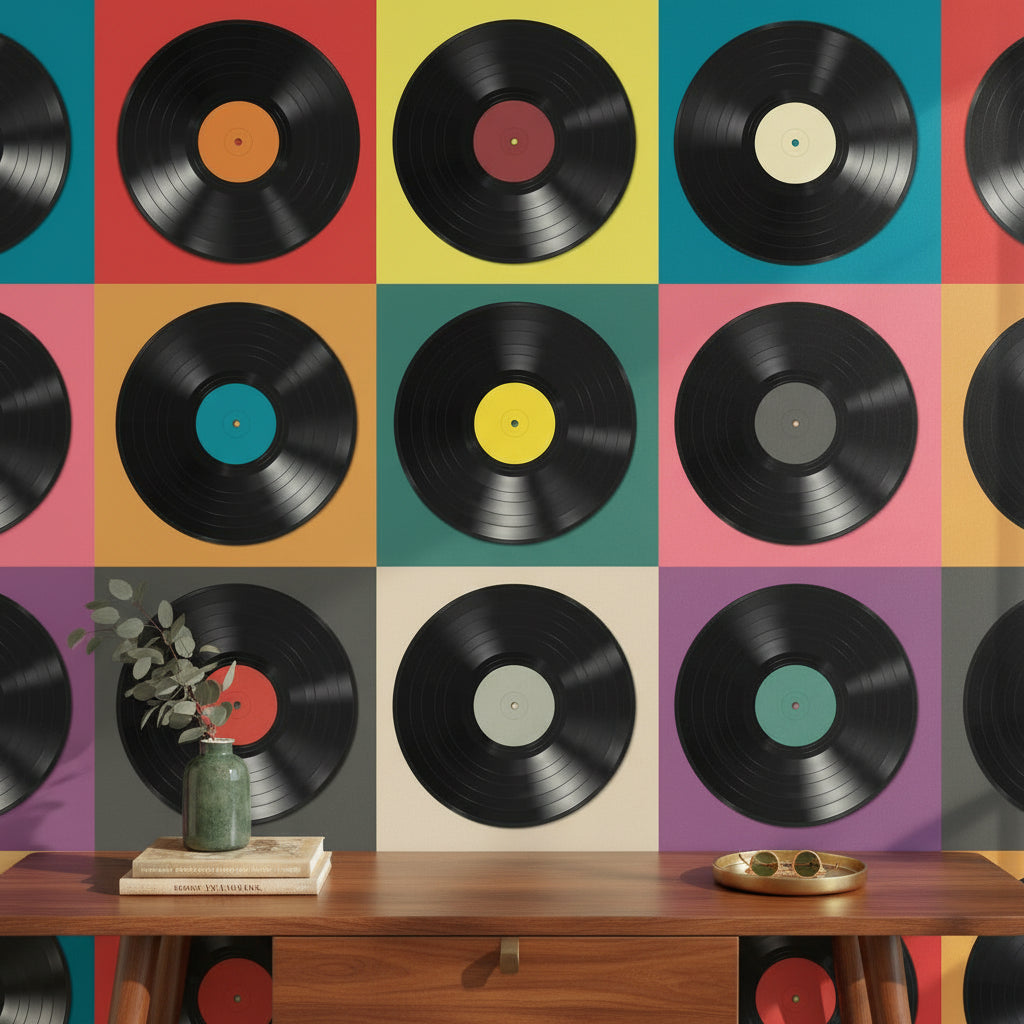 Renkli Plak Desenli Duvar Kağıdı Retro Müzik Temalı