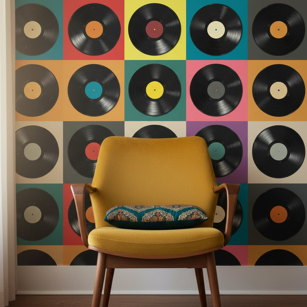 Renkli Plak Desenli Duvar Kağıdı Retro Müzik Temalı