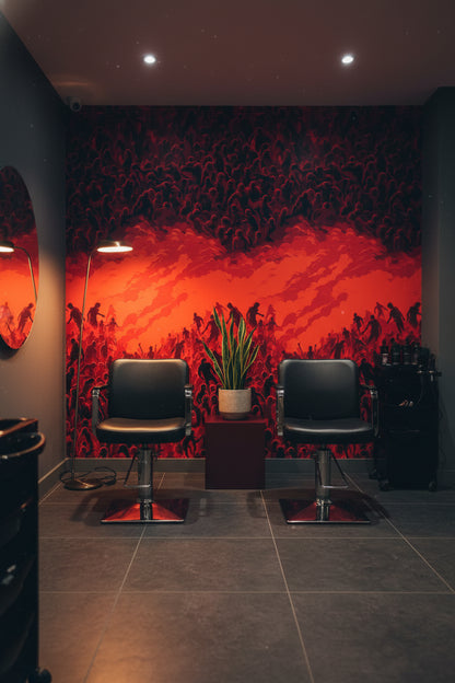 Soyut Kalabalık Figürlü Duvar Kağıdı Kırmızı Siyah Salon