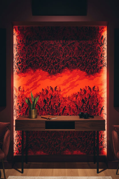 Soyut Kalabalık Figürlü Duvar Kağıdı Kırmızı Siyah Salon