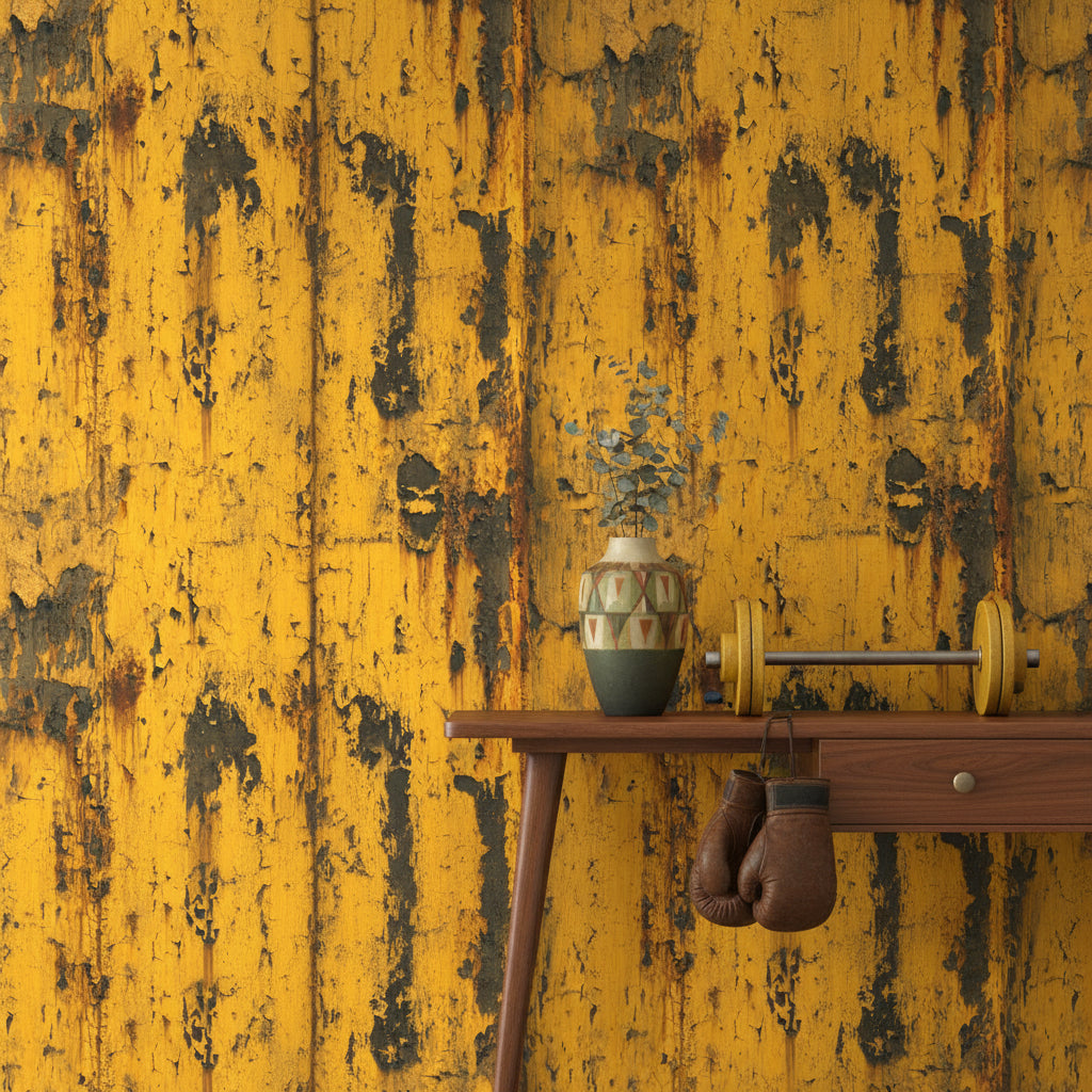 Sarı Eskitme Metal Desen Duvar Kağıdı Endüstriyel Salon