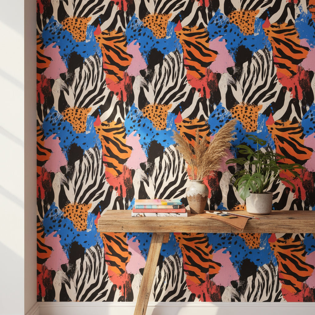 Renkli Zebra Desenli Duvar Kağıdı Modern Hayvan Teması