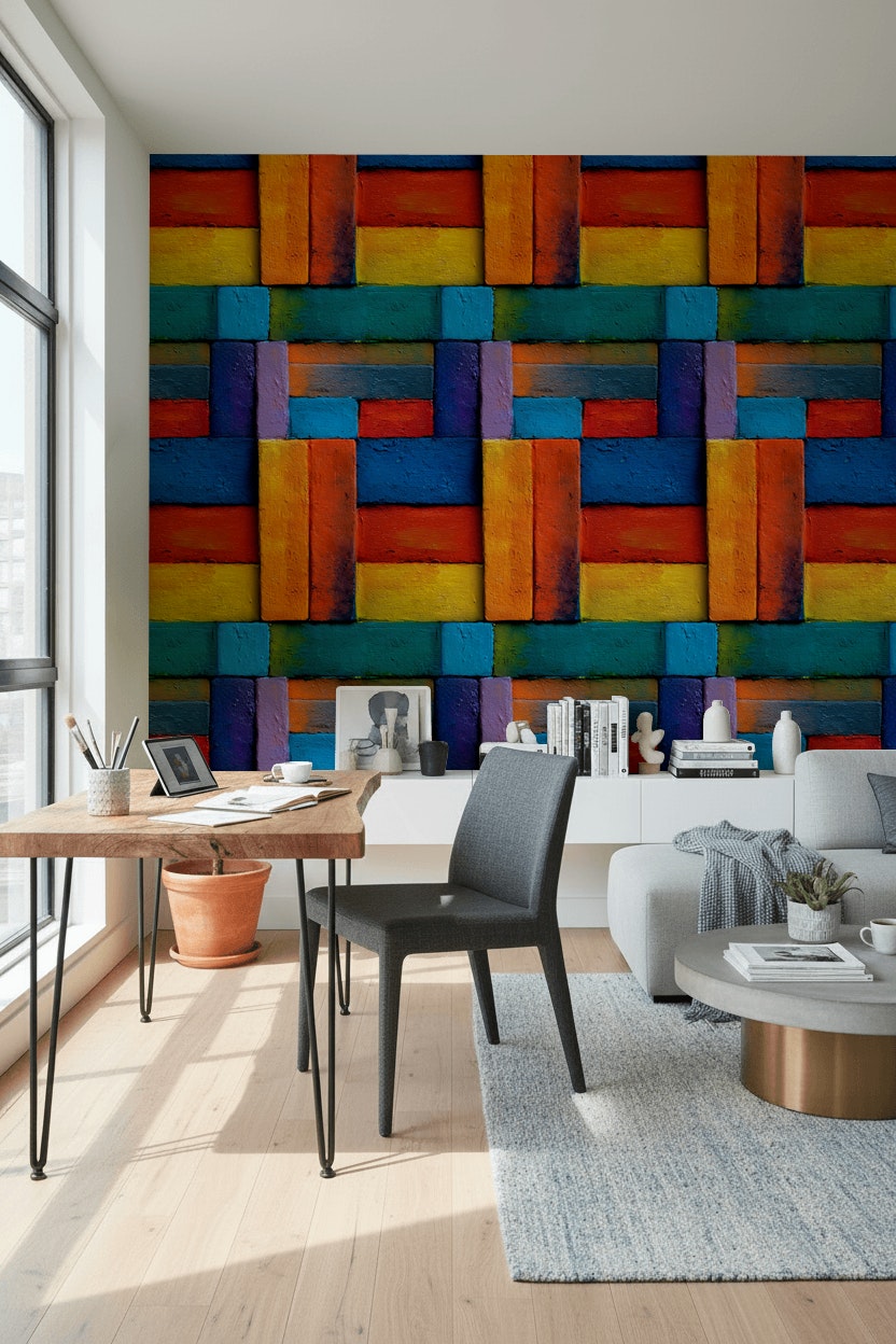 Renkli Geometrik Blok Desenli Duvar Kağıdı Modern Salon