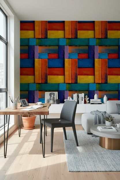 Renkli Geometrik Blok Desenli Duvar Kağıdı Modern Salon